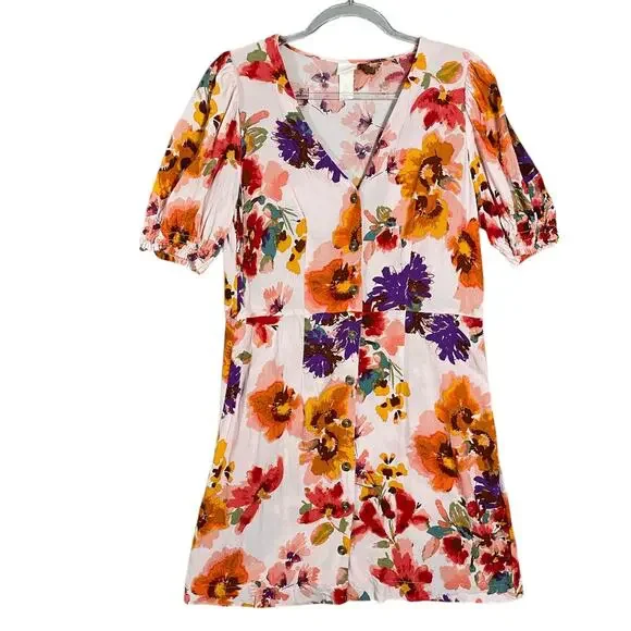 Women's Floral Puff Short Sleeve Button Down Summer Spring Shirt Dress Large - Picture 1 of 8